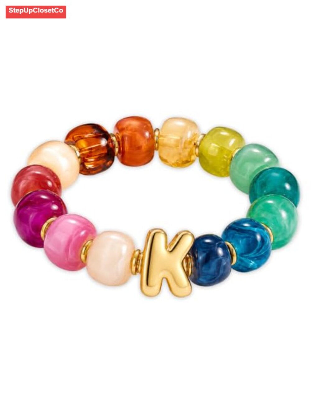 Initial Bracelet for Women, Chunky Resin Beaded Stretch Bracelet, Boho Summer